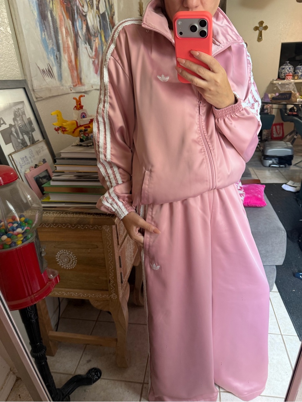 adidas Pink Women's Track Jacket and Wide-Leg Pants Satin Set - Picture 5 of 6